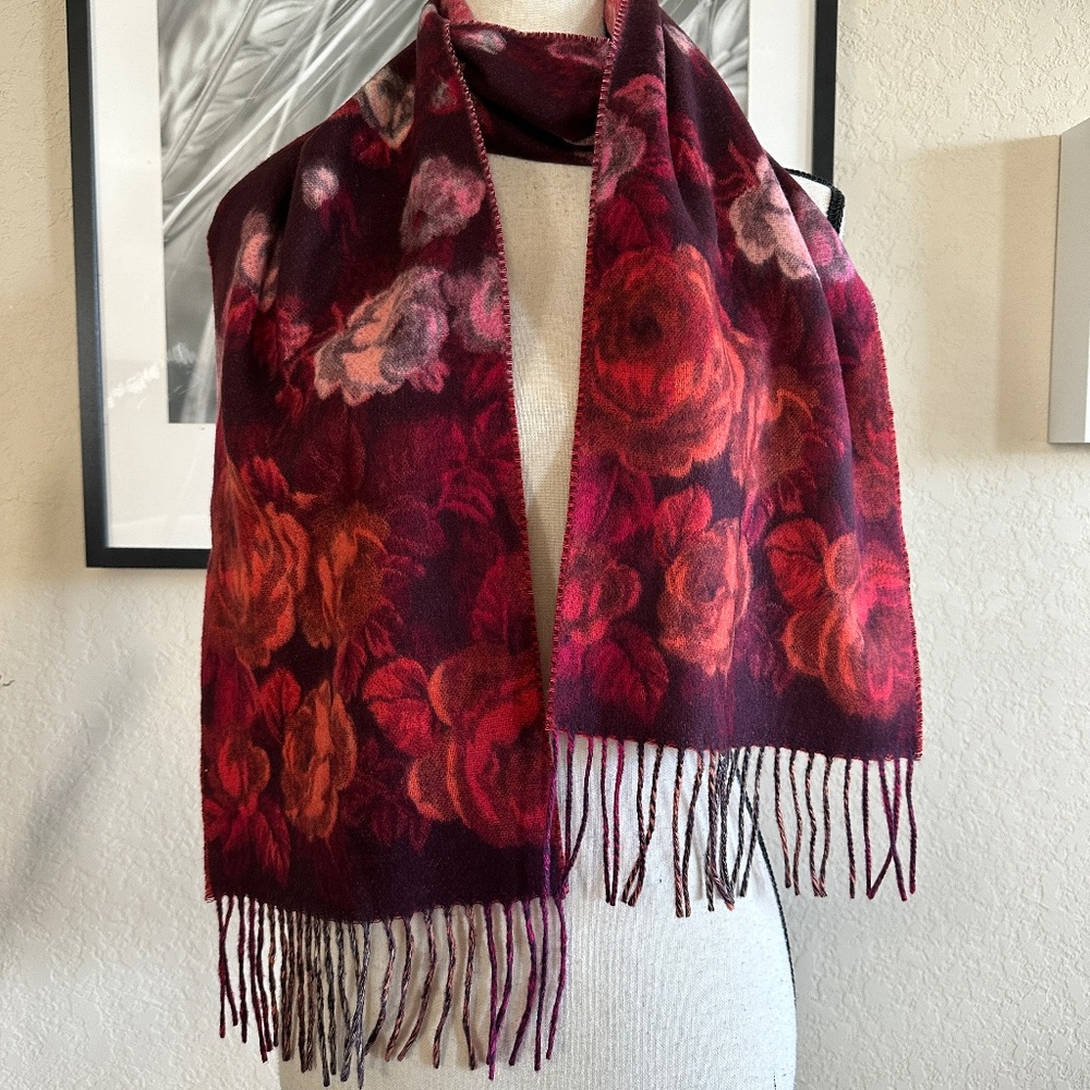 Cashmink Fringed Scarf Made in Germany Floral Burgundy